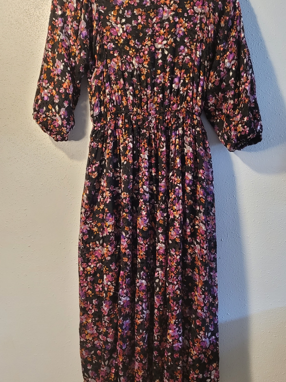 Floral Midi Dress with Elastic Waist - Black/Purple/Pink Rowe